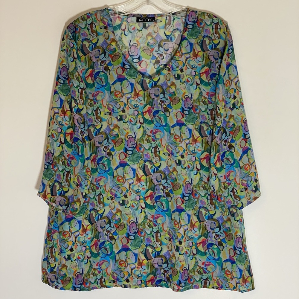 APNY Top Womens Large Multicolor Geometric Sheer 3/4 Sleeve V‎ Neck Artsy Boho L
